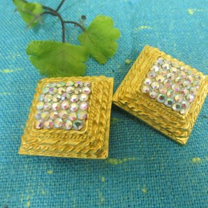 Vintage RICHARD KERR Rhinestone Crystals & Gold Rope Style Border Clip on Earrings or Shoe Clips; designer shoe clips, sparkly gold clip ons