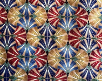 May include: A close-up of a fabric with a repeating fan-like pattern. The design features alternating rows of red, blue, and gold fan shapes, with white accents, set against a tan background. The fans are connected by teal diamond shapes.