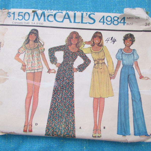 1976 Patron de couture McCall's 4984 robe en 2 longueurs avec manches courtes ou longues ou haut et pantalon, taille 12, non coupé ~ robe de style années 1970