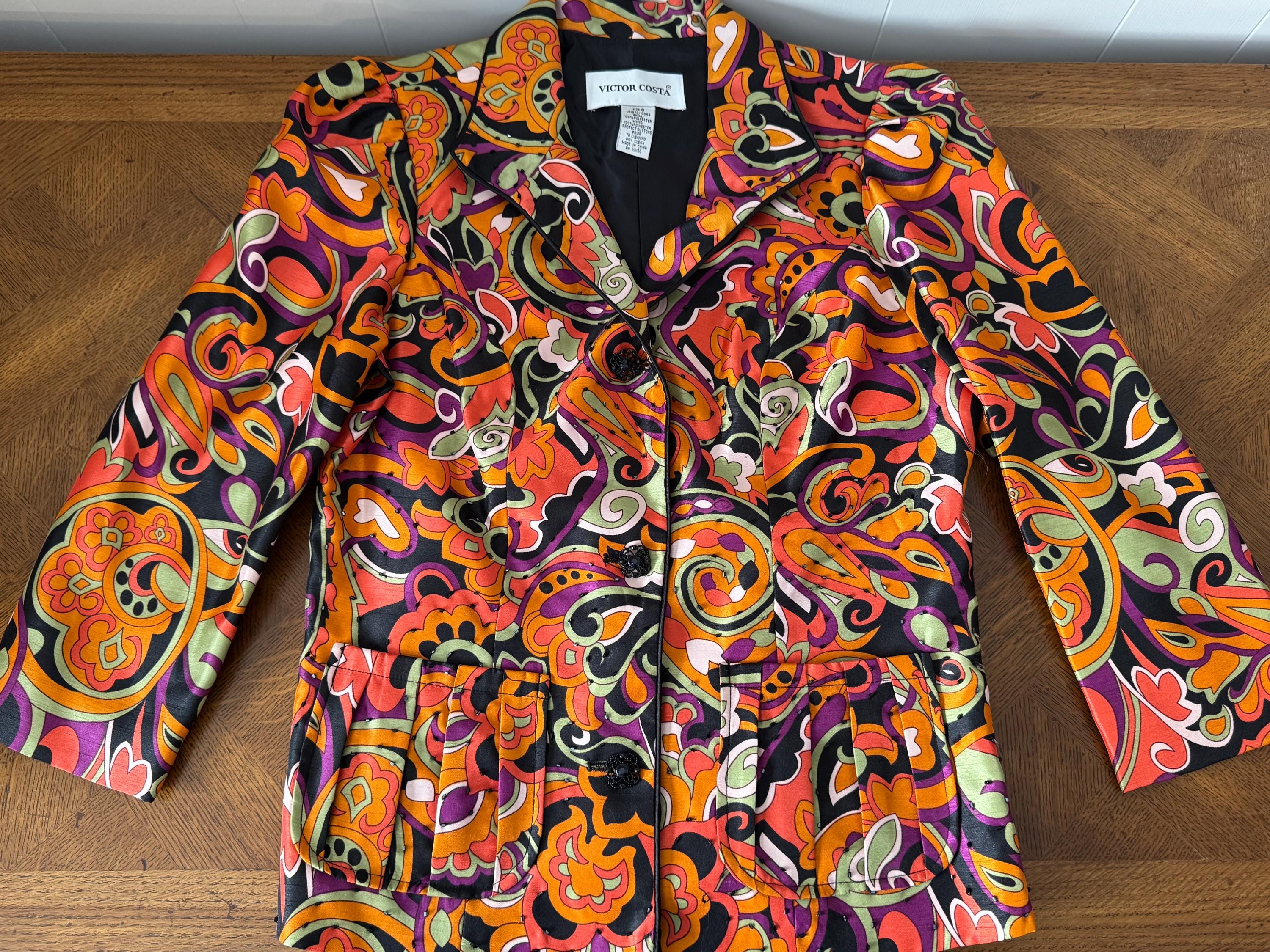 Vintage Victor Costa Orange & Black Paisley Print Beaded Fitted