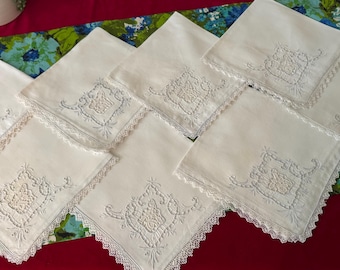 Vintage Lot of 10 Blue on White Italian Linen Cutwork Dinner Napkins 18" with Filet Lace Trim~ formal dinner, Bridal dinner, Farmhouse