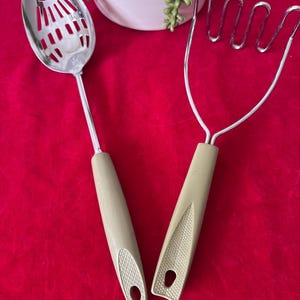 Vintage 1970’s EKCO Avocado Green Handled Slotted Spoon and Potato Masher Chrome Plated, 13&quot;; slotted spoon avocado green handle, Ekco spoon