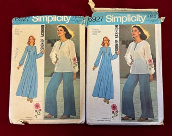 U CHOOSE- 1975 Simplicity Sewing Pattern 6927 Misses Caftan or Top w Wide Leg Pants and Transfer, Size 12 or 14- 1970s caftan or tunic