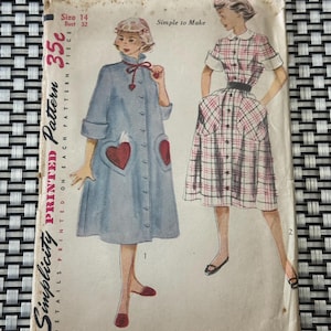 1950&#39;s Simplicity Sewing Pattern 3716 Misses Duster  or Housecoat with Heart Pockets Cuff Sleeves Size 14 Uncut - 1950s housecoat, 50s robe