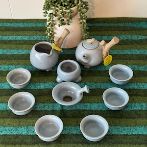 Japanese Kyusu Blue Glazed Stoneware Tea Set with Brown Wood Branch Shaped Handle on Teapot and Creamer by Wanyan Pottery