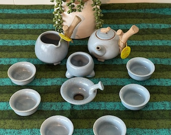 Japanese Kyusu Stoneware Tea Set: Blue Glazed Teapot, Creamer & Cups