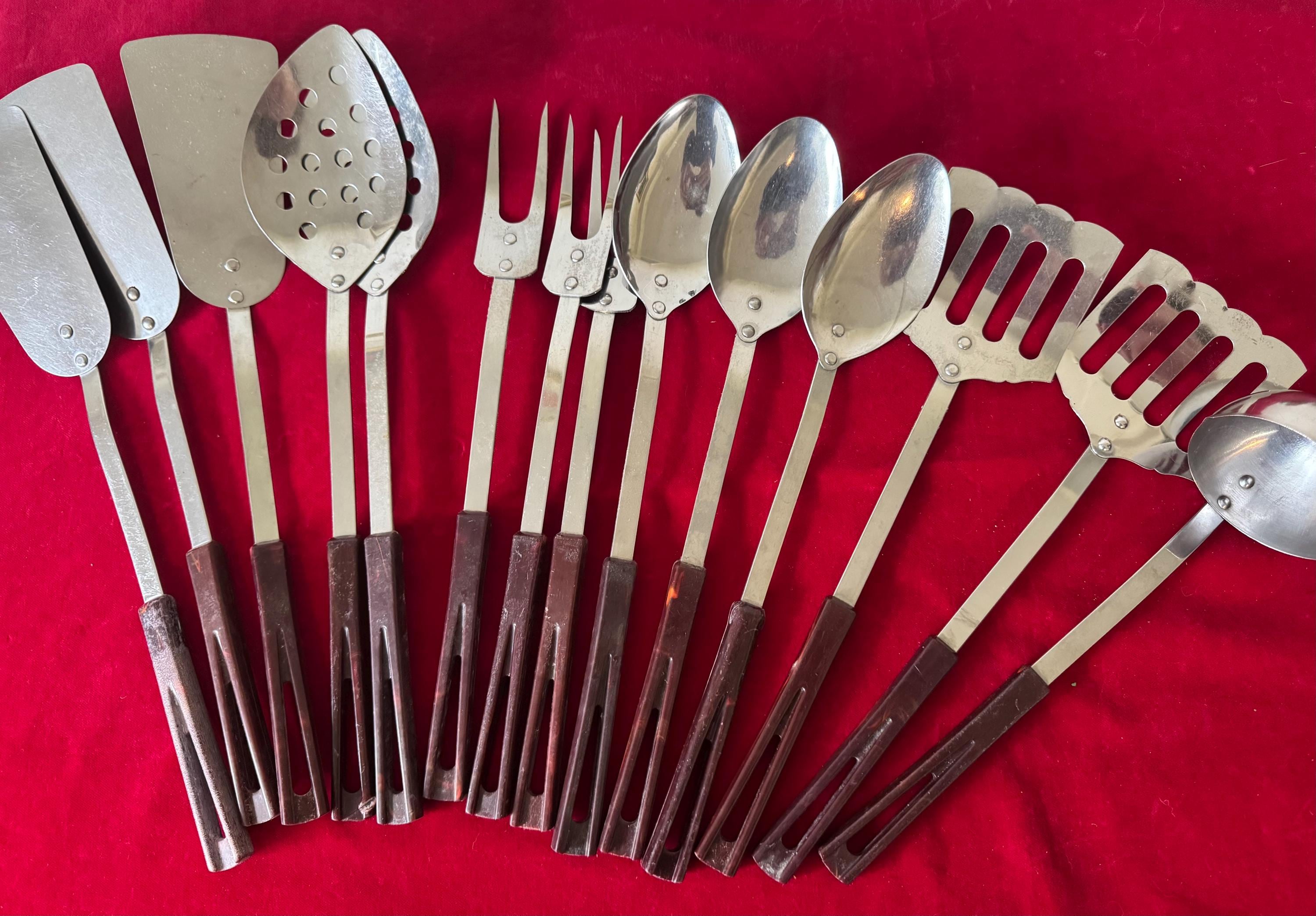 U CHOOSE~ STANHOME Stainless Kitchen Utensils 15" Composite Handle~ solid spoon, slotted spoon, ladle, spatula, slotted spatula & fork
