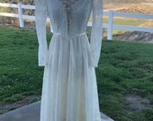 1970 39 S Gunne Sax by Jessica Ivory Lace Long Renaissance Prairie Dress w Lace Sleeves Scoop Neck Corseted Bust V Waist Size 9 -Gunne Sax