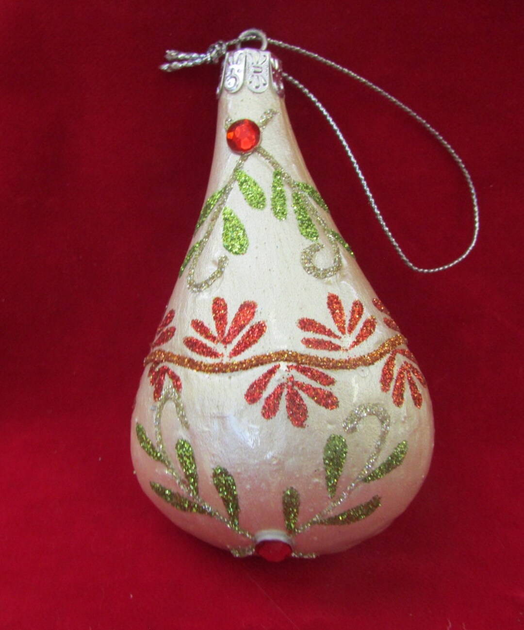 Vintage White Frosted Glass Teardrop Ornament With Red and Green