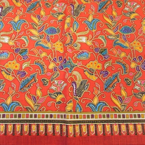 Vintage Batik Look Hawaiian Floral Cotton Fabric Red, Purple, Black, Orange 45&quot; W X 50&quot; - batik cotton floral fabric