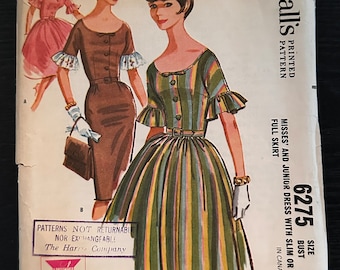 Patrón de costura para vestido McCall's 6275 de 1962, corte ajustado y acampanado, talla 12, sin cortar.
