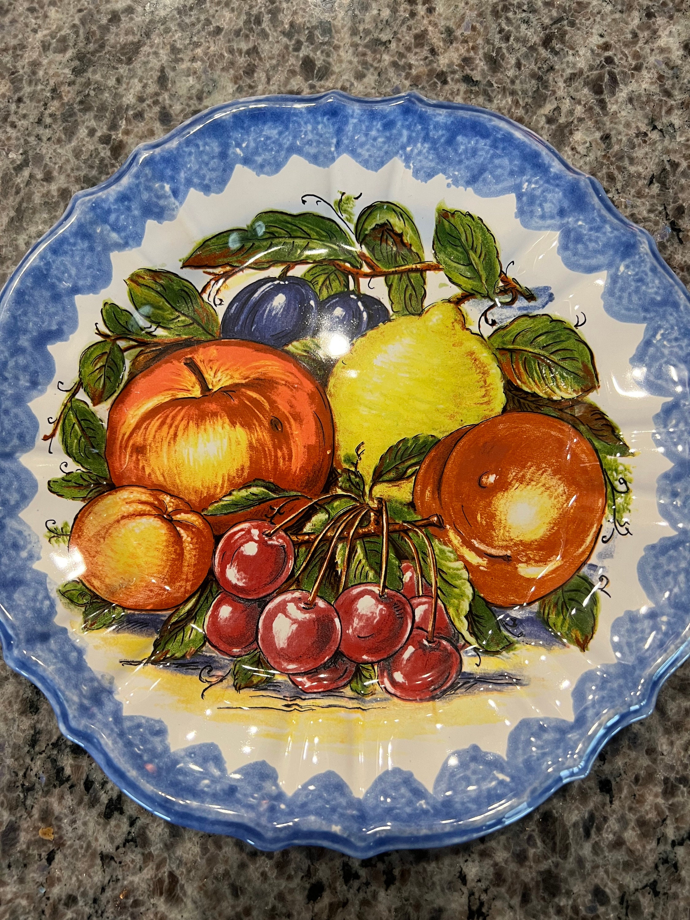Ravello Italian Ceramic Fruit Wall Plate Blue Scalloped Edge 11