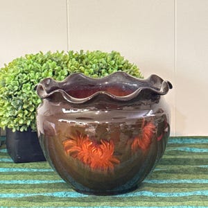 Antique WELLER Louwelsa Art Nouveau JARDINEIRE Planter 9” w Number 220 w/ Orange chrysanthemum Cache Pot
