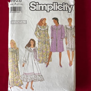 1990 Simplicity Sewing Pattern 9928 Misses Essentials Nightgown 3 Lengths and Robe 2 Lengths, Size 6-24; Uncut - 1950s pullover nightgown