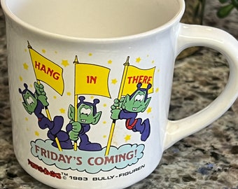 Vintage RARE 1983 Astrosniks "Hang in There, Friday's Coming" Cartoon Ceramic Coffee Mug by Bully-Figuren- Astrosniks mug