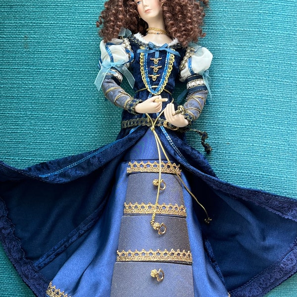 Vintage Renaissance Queen Statue Jewelry Box in Royal Blue Velvet Gown & Juliette Sleeves 15” Tall- doll jewelry box, renaissance queen