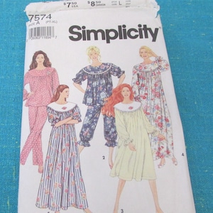 1991 Simplicity Sewing Pattern 7574 Misses Pullover Nightgown and Pajamas in 2 Lengths, Size 6-24; Uncut - 1990s pullover nightgown, pajamas