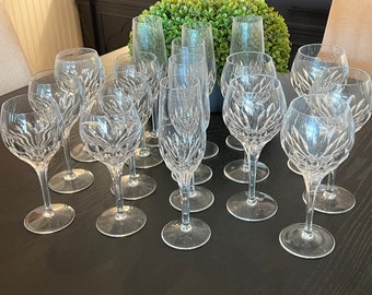 Vintage Lot of 11 Crystal Wine Goblets 7-7 3/4” plus 6 Matching Champagne Flutes etched with “D”- formal dinner, stemmed wine glasses