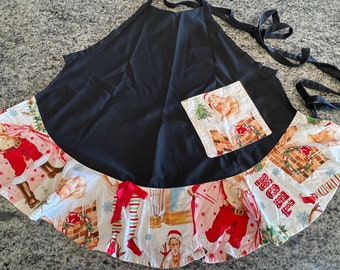 Handmade Black Smock Apron with  "Hurry Down the Chimney" Pink Alexander Henry Collection Male Elves Cotton Fabric~ Christmas apron