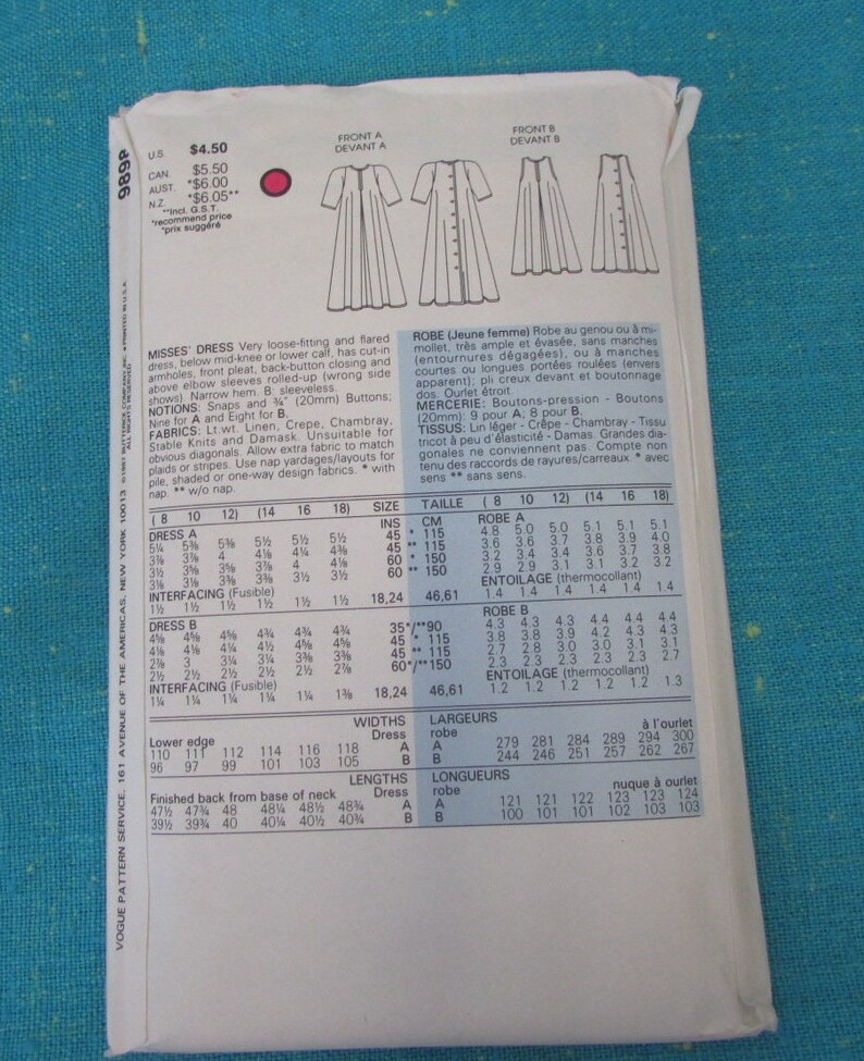 1987 Very Easy Vogue Sewing Pattern 9898 Misses Loose Fitting Etsy