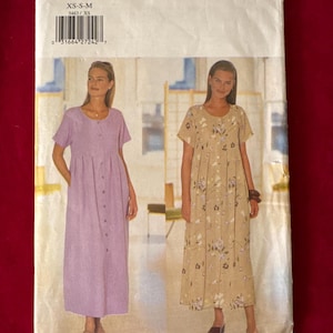 1998 Butterick Schnittmuster 5463 Misses Kurzarm Lockeres Lounge Kleid mit Taschen Knopfleiste Größe 36-44 ungeschnittenes Kaftan Kleid