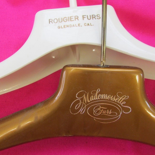 2 RARE Vintage Thick Plastic  Mademoiselle Furs & Rougier Furs Advertising Clothes Hangers - vintage coat hanger, advertising hangers