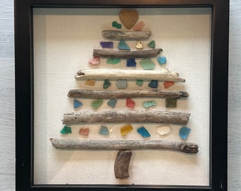 Framed Hawaiian Driftwood & Micro Plastics Tree Wall Art from Lanikai Beach Oahu Hawaii 8 3/4” square Frame- Beach Christmas Tree wall art