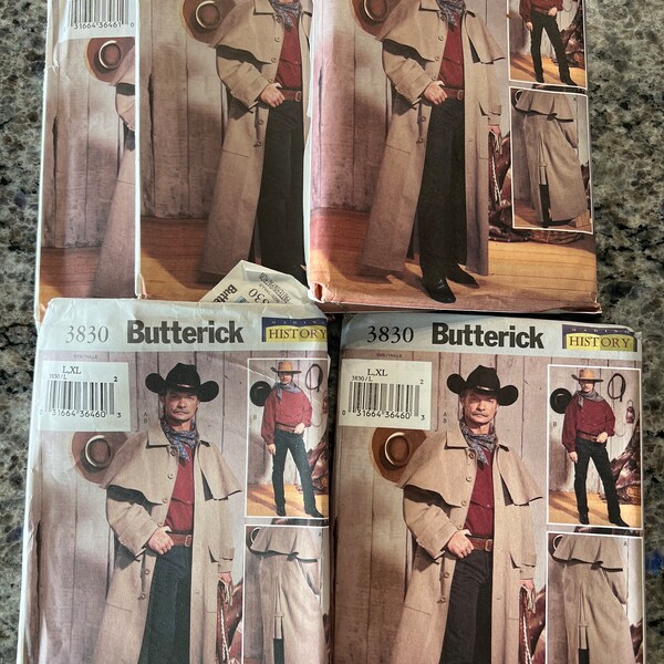 Butterick History Sewing Pattern 3830 Mens Cowboy Duster Jacket Coat, Western Shirt and Bandana Size 30-40 Uncut-reenactment