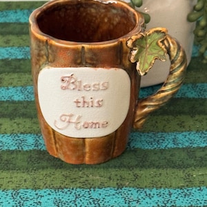 Bless this Home Fall Pumpkin Shaped Coffee Mug with Green maple Leaf by b + B