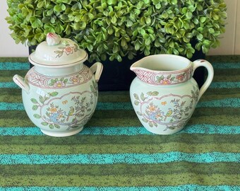 Vintage Calyx Ware Adams English Ironstone Singapore Bird Pale Green Creamer and Sugar Bowl with Rosebud Lid OLD STAMP~ Singapore