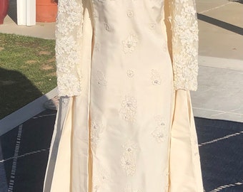 Vintage 1960’s Ivory Taffeta Long Lace Sleeve Empire Waist Wedding Dress w/ Detachable Train Pearl Details  Size 4/6- 1960’s  wedding dress