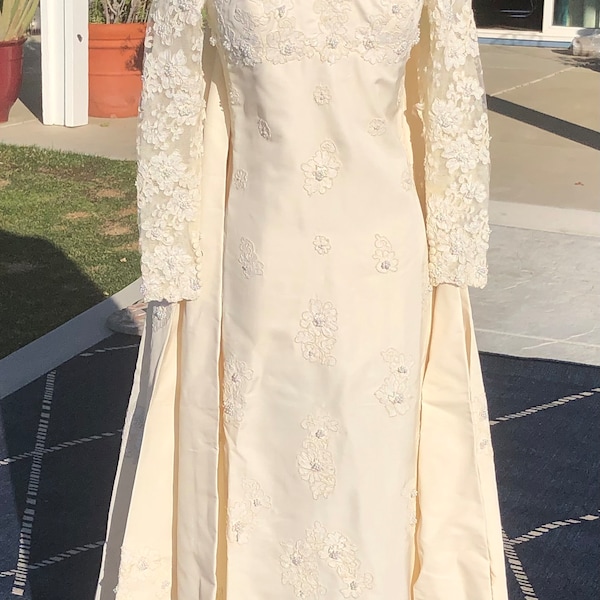 Vintage 1960’s Ivory Taffeta Long Lace Sleeve Empire Waist Wedding Dress w/ Detachable Train Pearl Details  Size 4/6- 1960’s  wedding dress