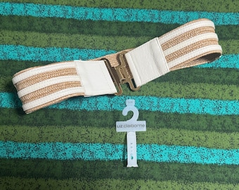 Liz Claiborne Stretchy Beige Leather & Raffia 2” Wide Belt Gold Buckle Size S/M- wide stretch belt, Liz Claiborne belt New