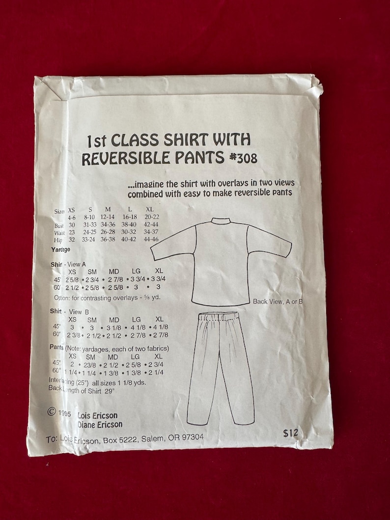 1995 Lois Ericson Design & Sew Sewing Pattern 308 Unisex Reversible ...
