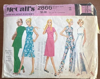 1971 McCall's Sewing Pattern 2866 Misses 5 Variations Tunic Dress with Slit Hem or Top with Pants  12 cut- 1970s boho tunic dress