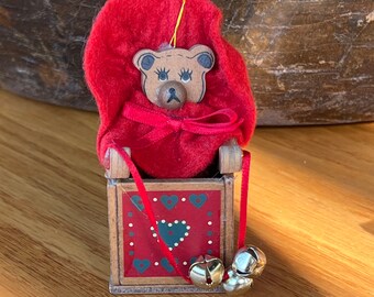 Vintage 1989 Kurt Adler Bear in a Wood Checkered Box Christmas Ornament 4 1/4"- Kurt Adler ornament, Christmas ornament, bear ornament