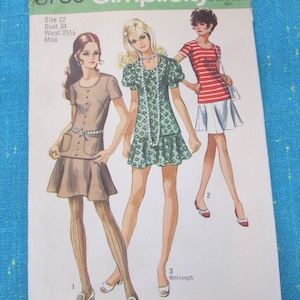 1970 Simplicity Sewing Pattern 8780 Misses Mini Dress Flare Mini Skirt & Top in Two Lengths Size 12 Cut~ mini skirt dress, puff sleeve top