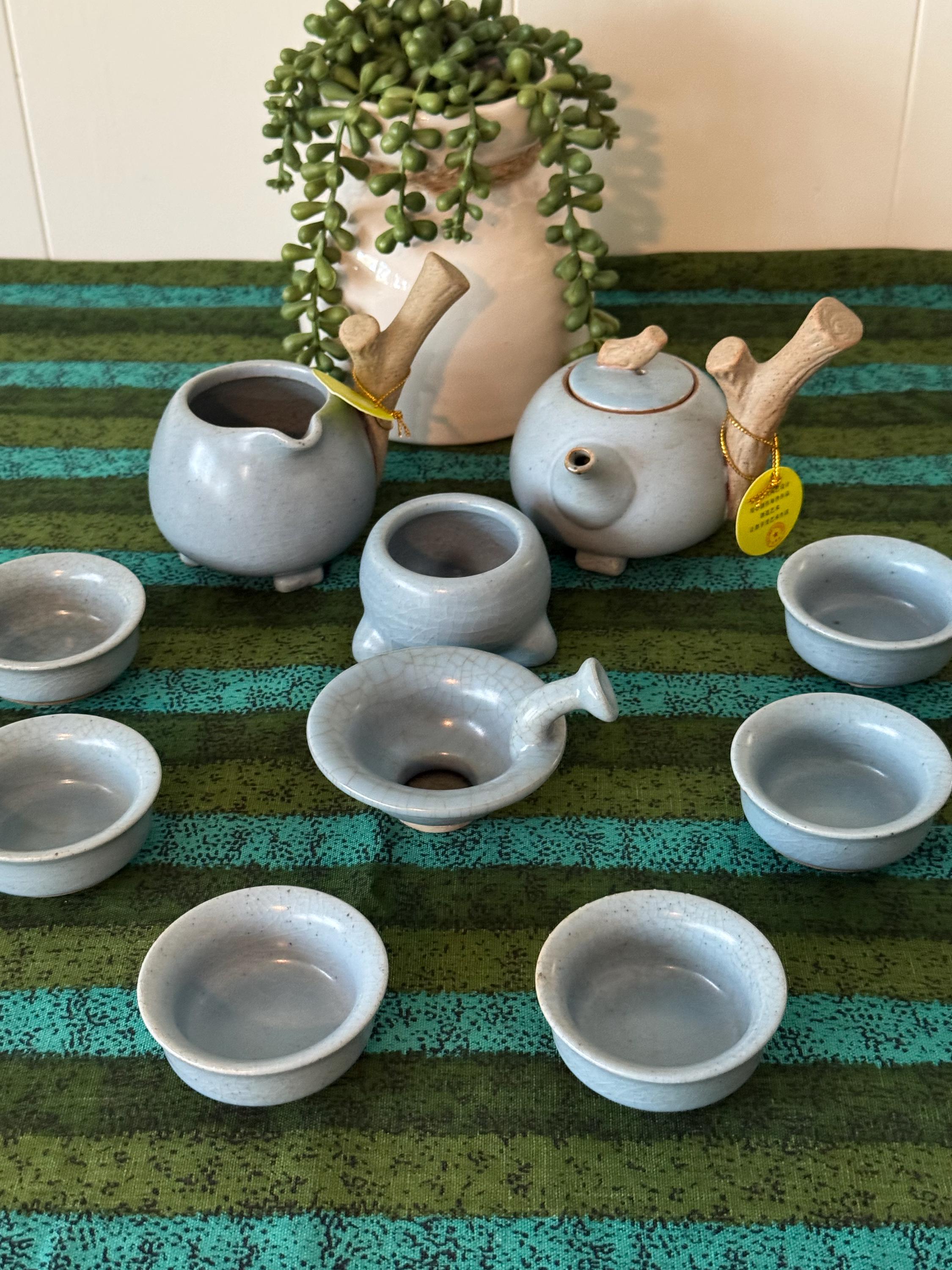Japanese Kyusu Blue Glazed Stoneware Tea Set With Brown Wood