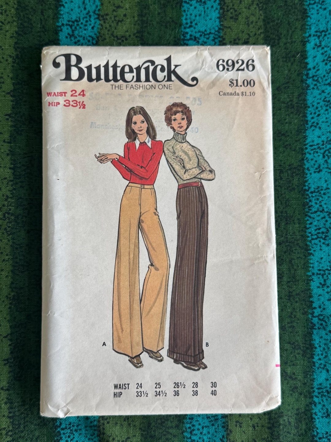Butterick 6926 1970's Sewing Pattern Misses Wide Waist Flared Leg ...
