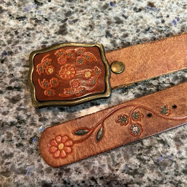 Vintage Men's Tooled Brown Leather Hippie Belt with Flowers & Brass and Leather Buckle Size 36-42~ men's hippie belt, boho belt