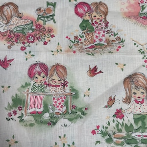 Vintage 70’s Children&#39;s Little Girls and Boys Print. Cotton Fabric 45” w x 62” L- cotton novelty fabric, children playing fabric