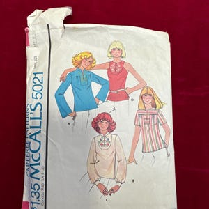 1976 McCall&#39;s Sewing Pattern 5021 Misses&#39; Set of Tops with Transfer for Embroidery, Size 14-16, Cut; 1970s style tops, embroidered tops