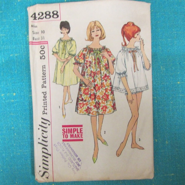 RARE 1960s Simplicity Sewing Pattern 4288 Misses Nightgown, Muu Muu, Top and Panties, Size 10, cut; summer muu muu, babydoll nighty