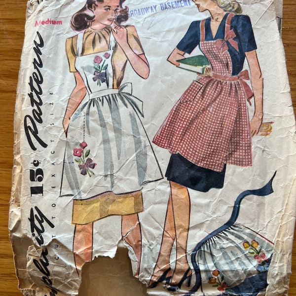 RARE 1940's Simplicity Sewing Pattern 1162 Misses Pinafore Full and Half Apron w/ Embroidery Transfers Size 18-20 Uncut- 40's apron Pattern