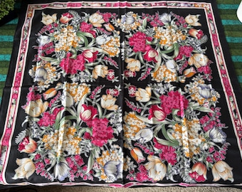 Vintage Pink & Black Spring Tulip Bouquet Square Scarf 30" Polyester- spring floral scarf, pink floral scarf, pink floral square scarf