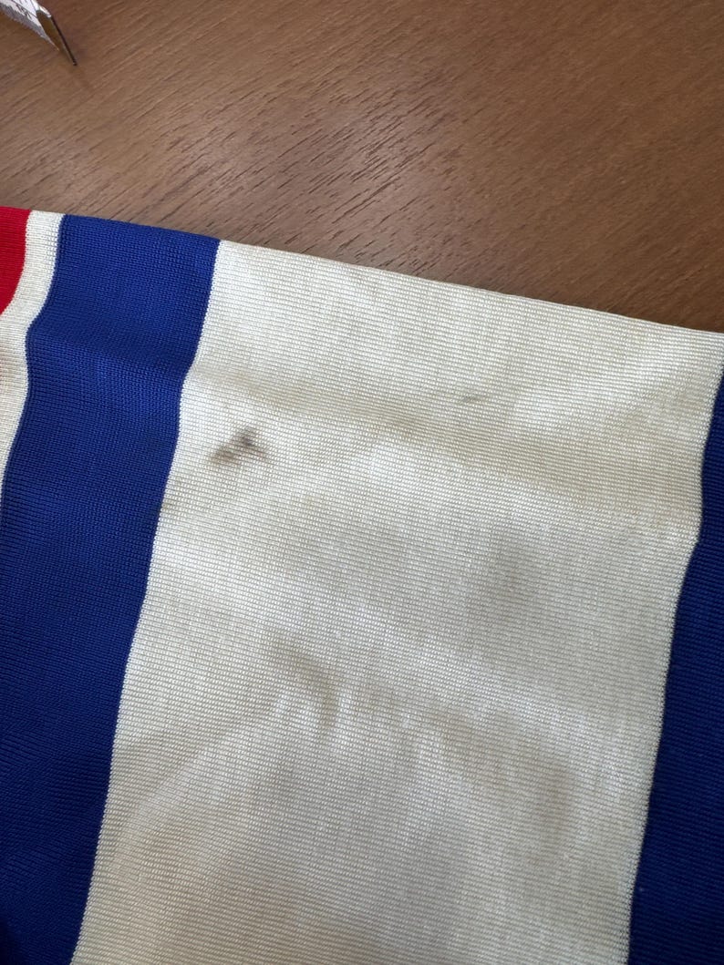 May include: A white, blue and red striped fabric with two small dark brown stains.