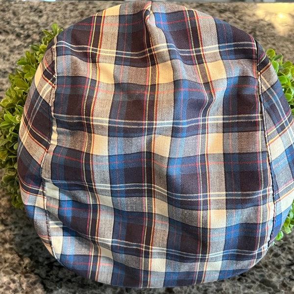 Vintage Mens Blue Tartan Plaid Cotton Cabbie Newsboy Hat  Size L 23”- cabbie hat, plaid newsboy, golfer hat, tartan plaid newsboy