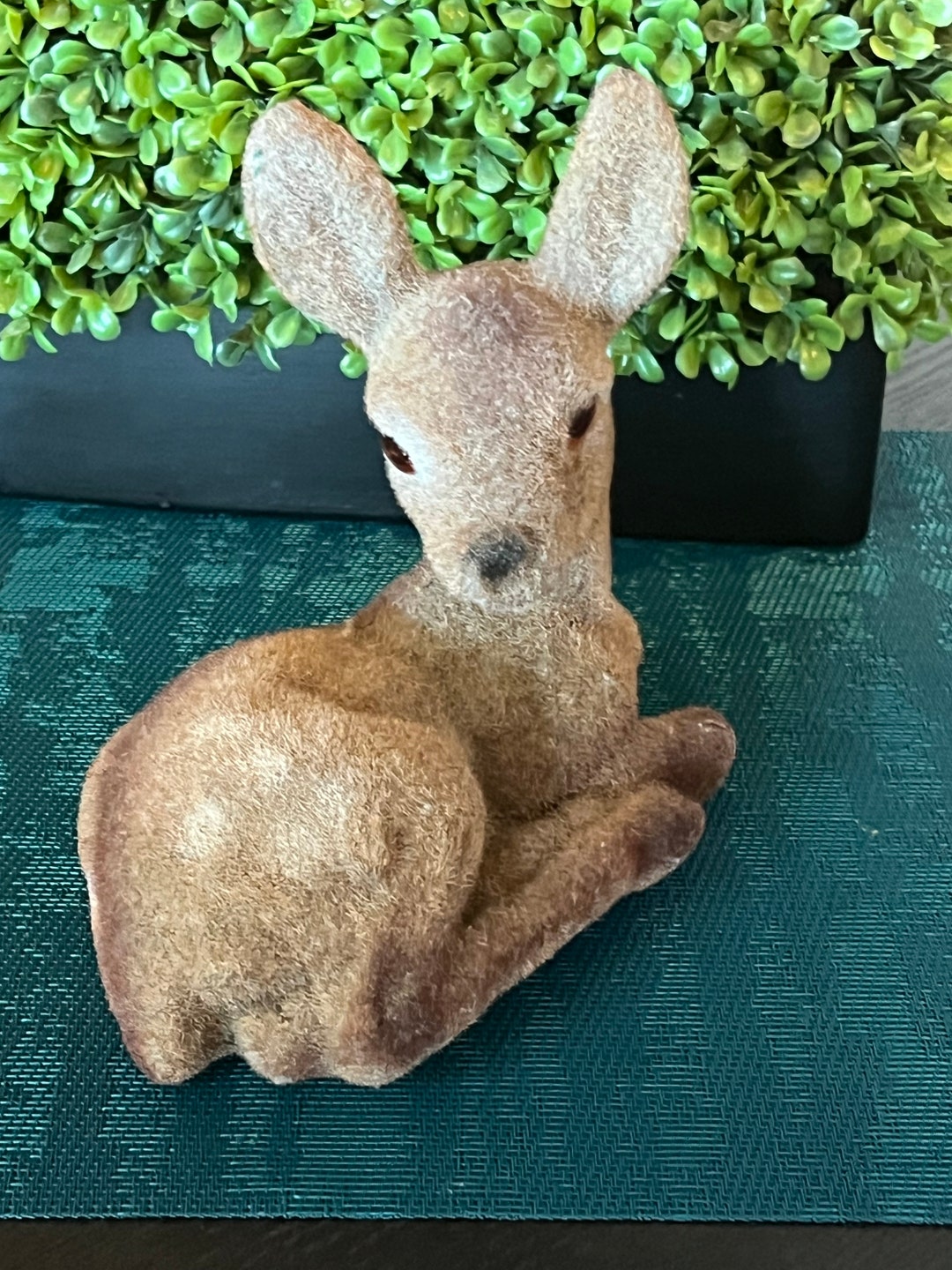 Vintage Flocked Brown Fawn Deer Christmas Statue Flocked Deer Statue