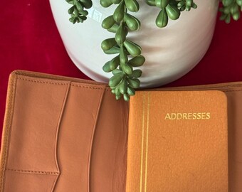 Puede incluir: Cartera de cuero marrón claro abierta con una libreta de direcciones naranja. La libreta de direcciones tiene rayas verticales doradas y la palabra "ADDRESSES" en letras doradas. Una maceta de cerámica blanca con plantas suculentas verdes está en el fondo.