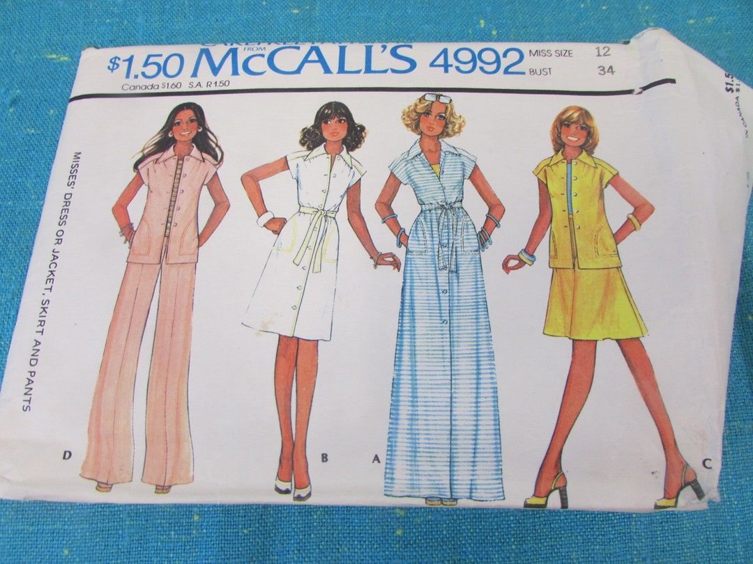 1976 Mccalls Sewing Pattern 4992 Misses Shirtdress or Jacket, Skirt ...